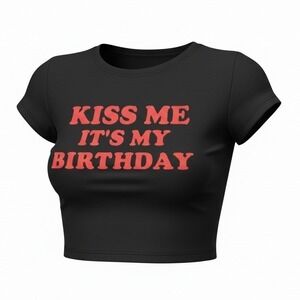 New Large "Kiss Me It's My Birthday" Baby Crop Tee Black Y2k Top Goth Grunge 90s